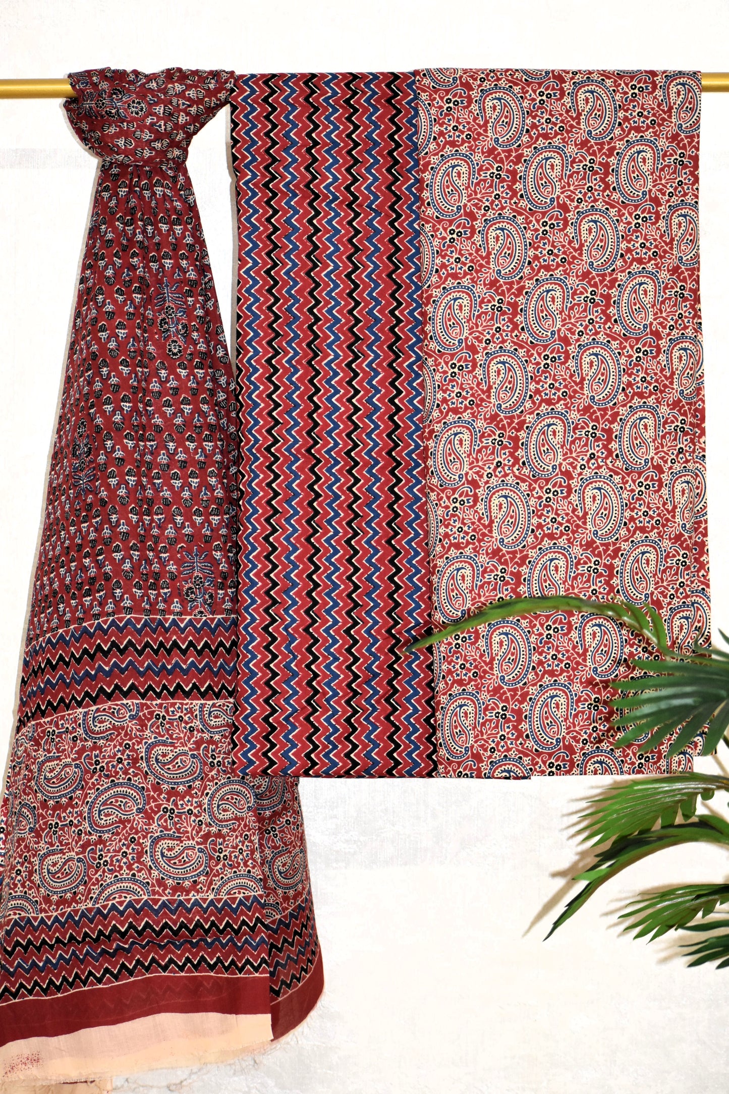 Red Paisley Ajrak Printed Unstitched Cotton Suit Set