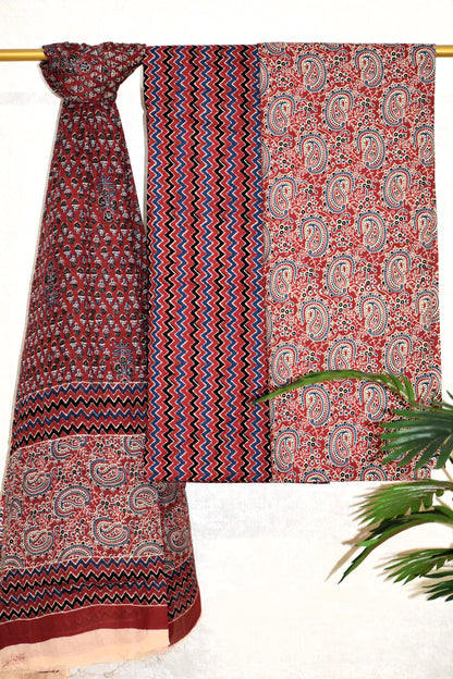 Red Paisley Ajrak Printed Unstitched Cotton Suit Set