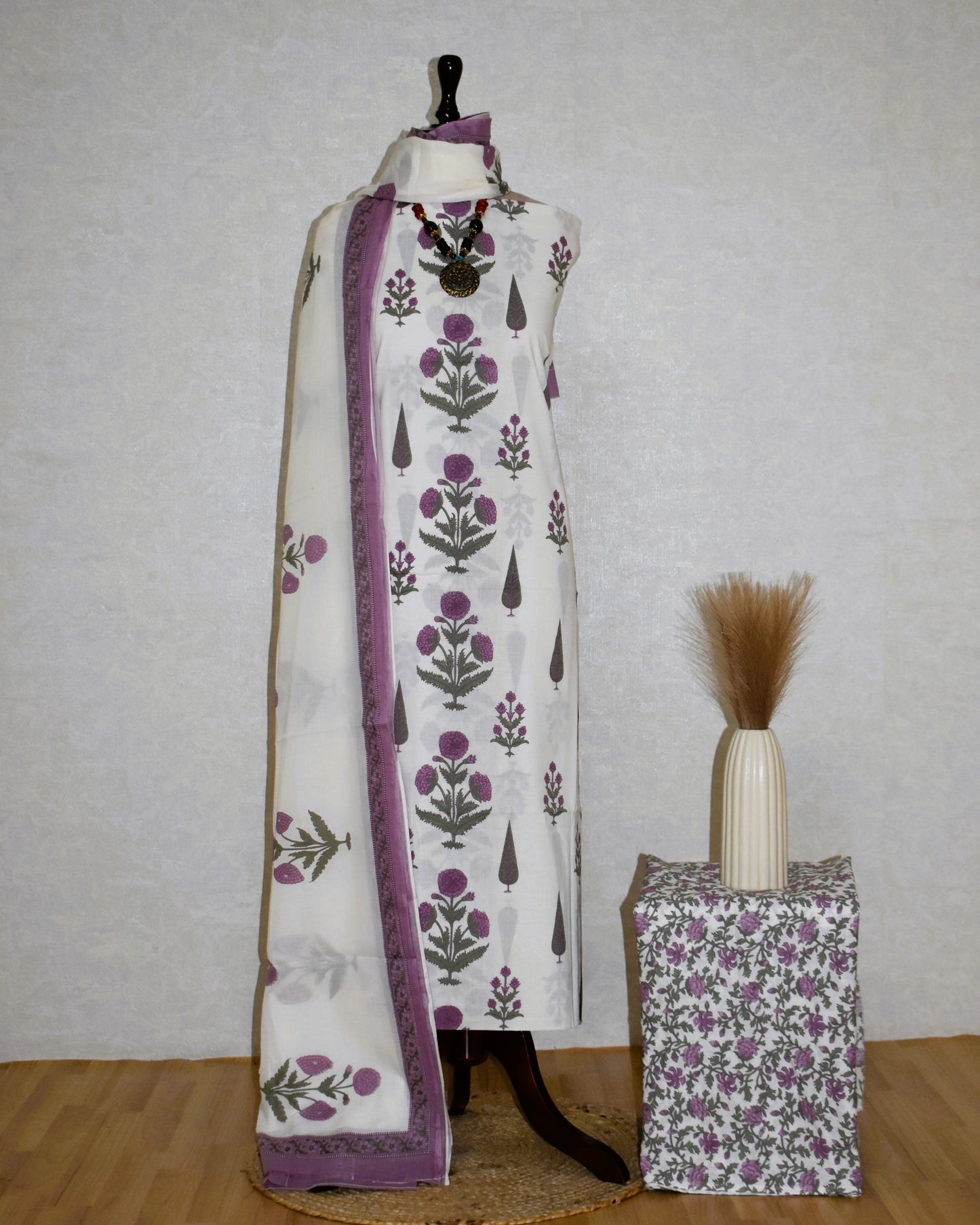 Purple Floral Jaipuri Printed Unstitched Cotton Suit Set