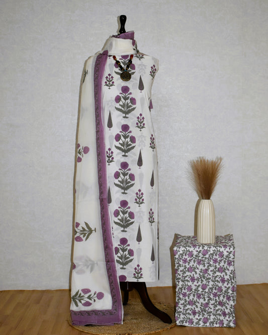 Purple Floral Jaipuri Printed Unstitched Cotton Suit Set