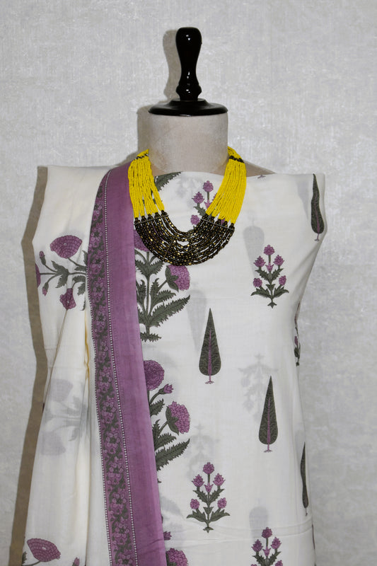Purple Floral Jaipuri Printed Unstitched Cotton Suit Set