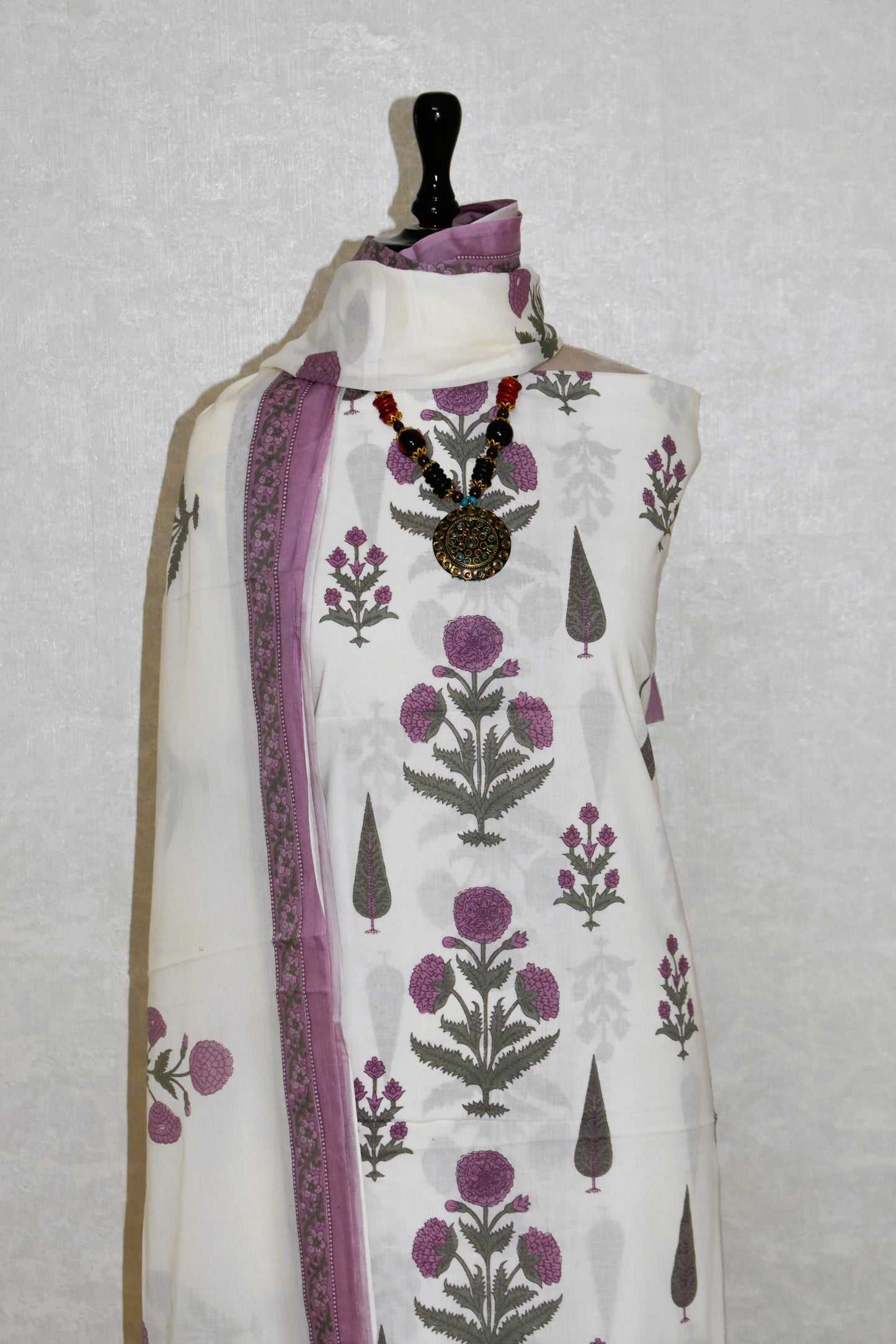 Purple Floral Jaipuri Printed Unstitched Cotton Suit Set