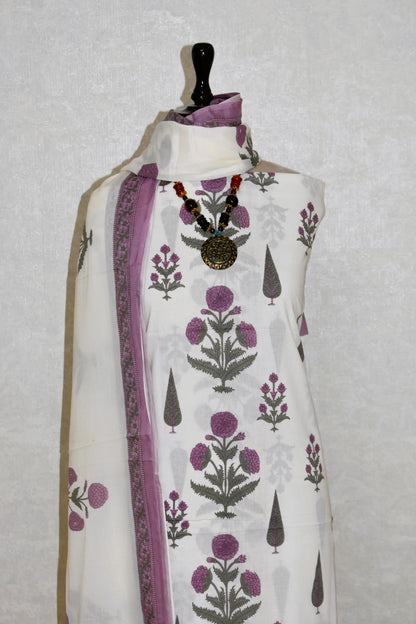 Purple Floral Jaipuri Printed Unstitched Cotton Suit Set