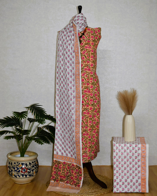 All-over Tulip Flower Hand Block Printed Cotton Suit with Malmal Dupatta