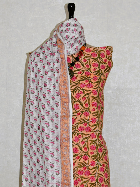 All-over Tulip Flower Hand Block Printed Cotton Suit with Malmal Dupatta
