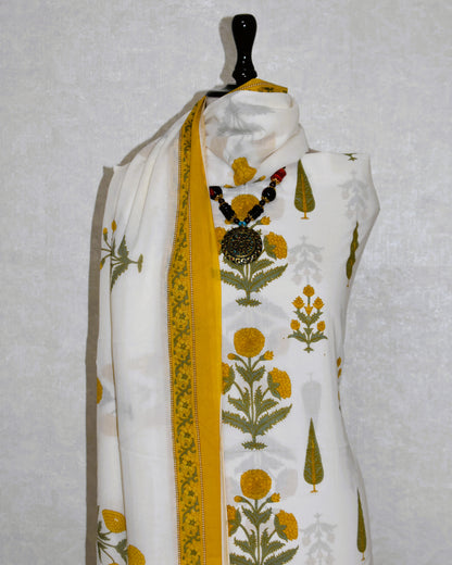 Yellow Floral Jaipuri Printed Unstitched Cotton Suit Set