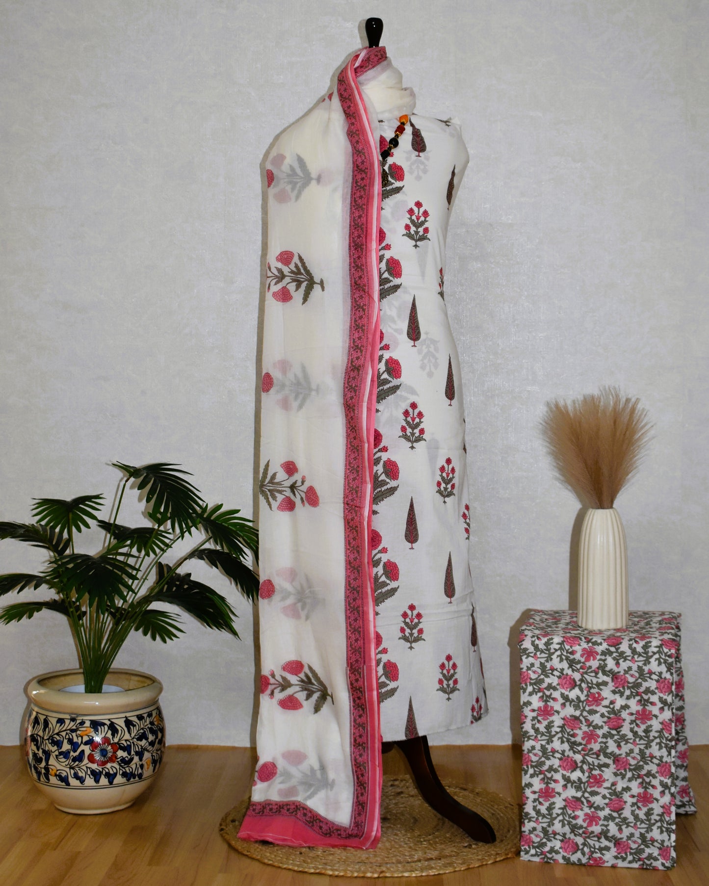 Pink Floral Jaipuri Printed Unstitched Cotton Suit Set with malmal dupatta