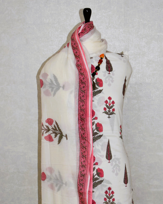 Pink Floral Jaipuri Printed Unstitched Cotton Suit Set with malmal dupatta