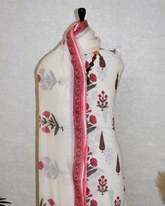 Pink Floral Jaipuri Printed Unstitched Cotton Suit Set