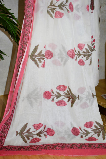 Pink Floral Jaipuri Printed Unstitched Cotton Suit Set with malmal dupatta