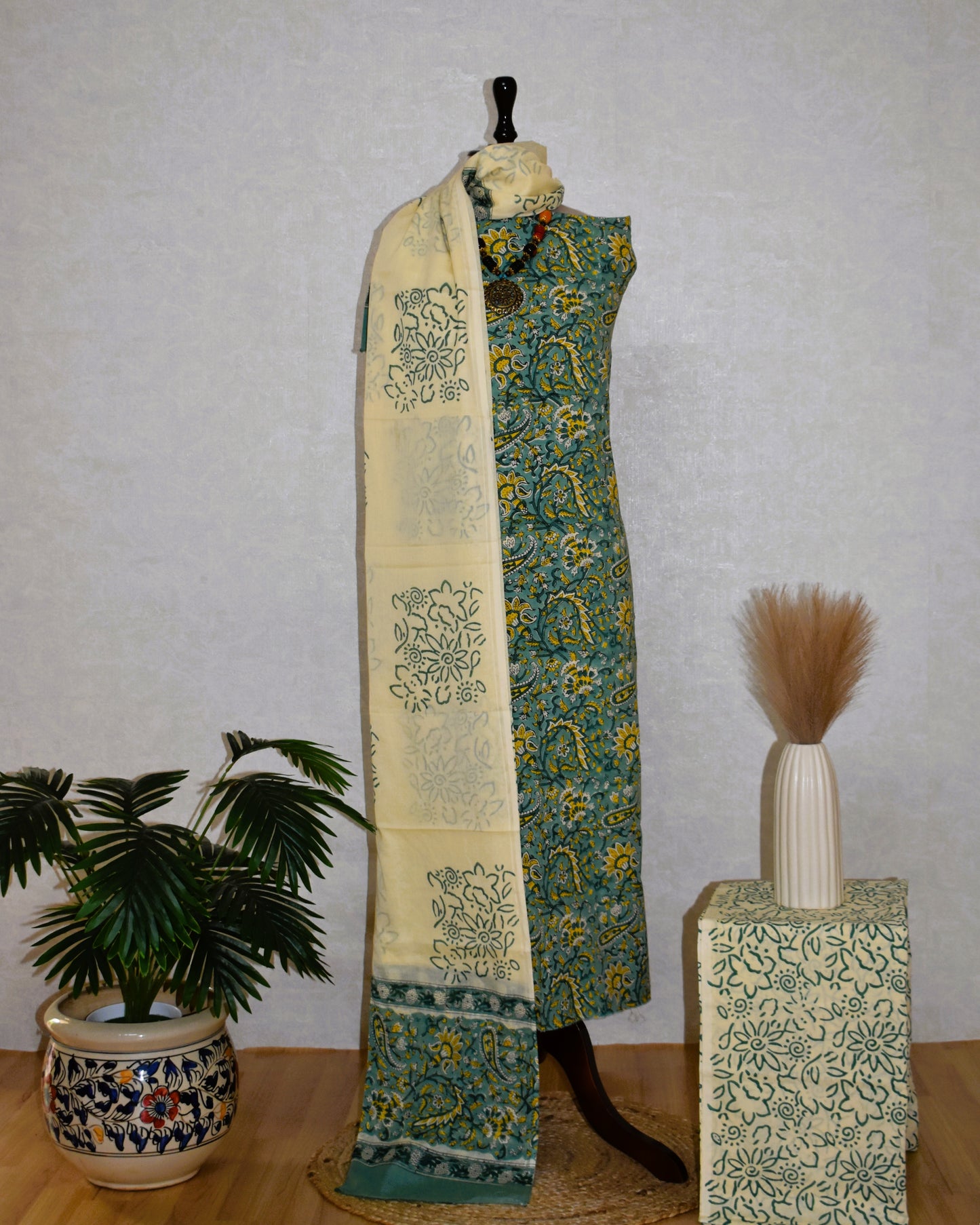 All-over Floral Hand Block Printed Cotton Suit with Malmal Dupatta