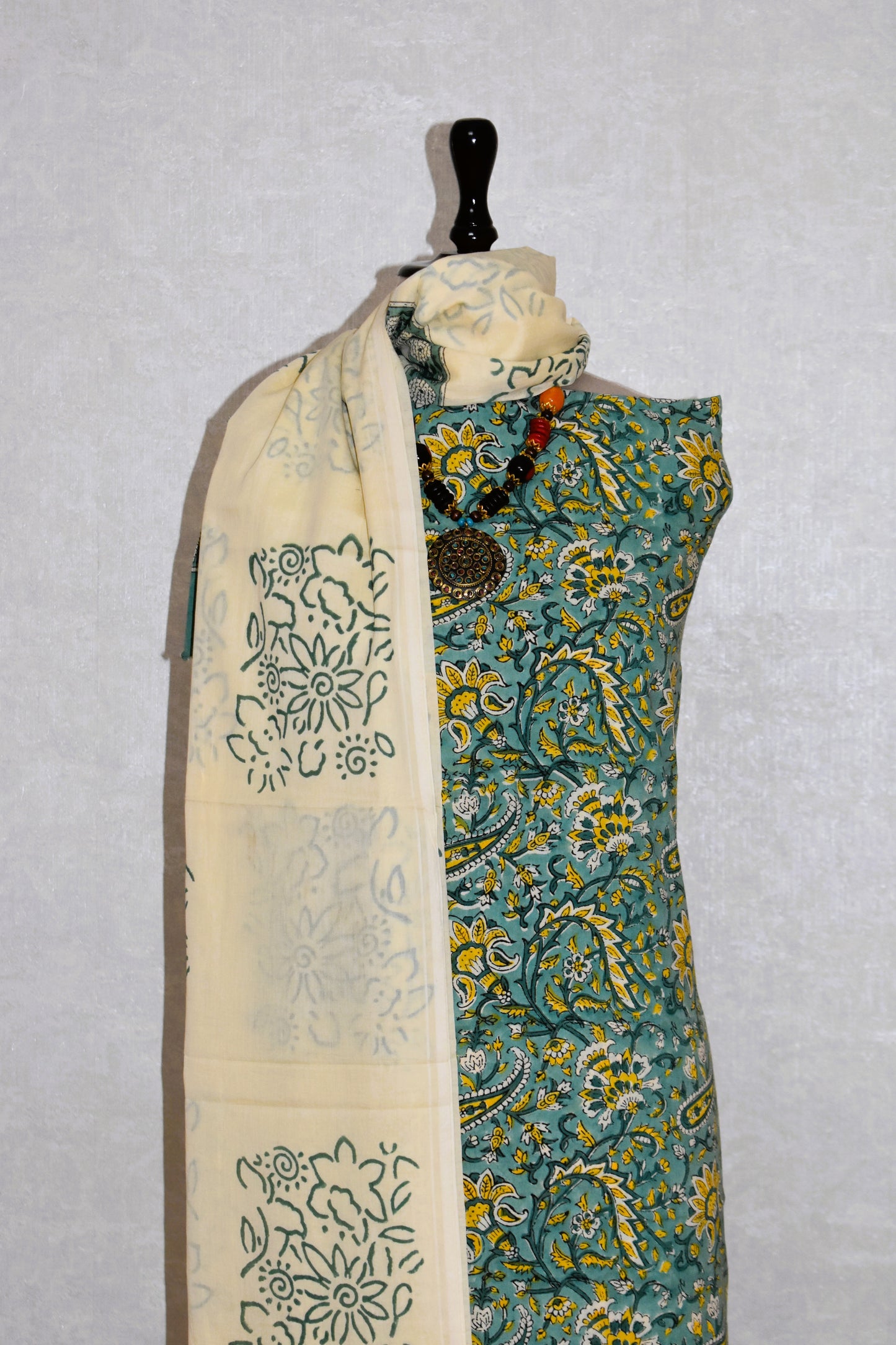 All-over Floral Hand Block Printed Cotton Suit with Malmal Dupatta