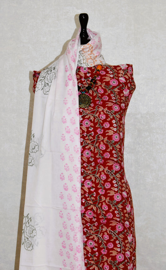 Red All-over Floral Hand Block Printed Cotton Suit with Malmal Dupatta