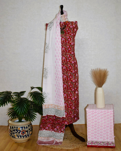 Red All-over Floral Hand Block Printed Cotton Suit with Malmal Dupatta