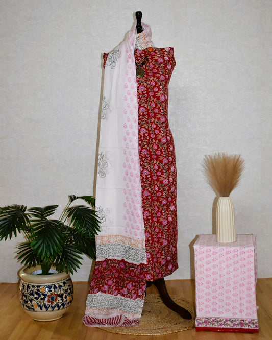 Red All-over Floral Hand Block Printed Cotton Suit with Malmal Dupatta