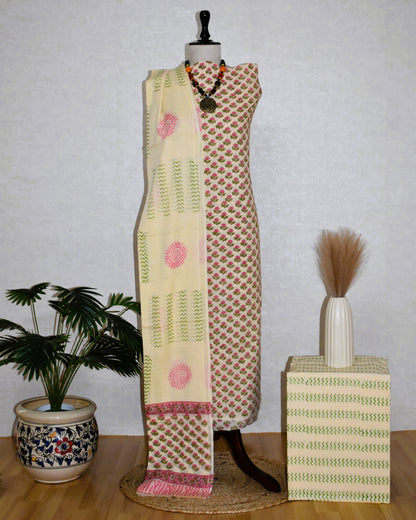 All-over Small Floral Buti Hand Block Printed Cotton Suit with Malmal Dupatta