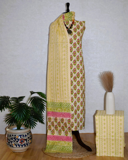 Floral Buti Hand Block Printed Cotton Suit with Malmal Dupatta
