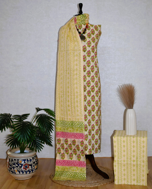 Floral Buti Hand Block Printed Cotton Suit with Malmal Dupatta