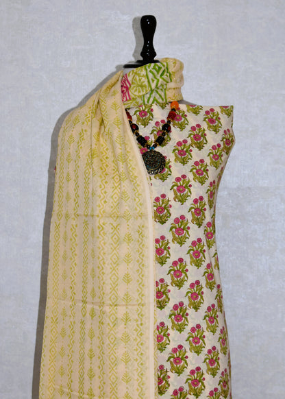 Floral Buti Hand Block Printed Cotton Suit with Malmal Dupatta