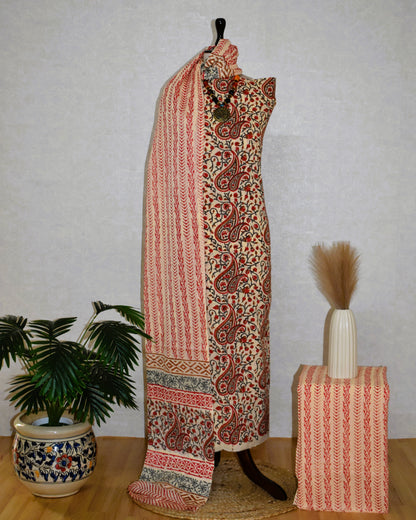Red Paisley Jaal Hand Block Printed Cotton Suit with Malmal Dupatta