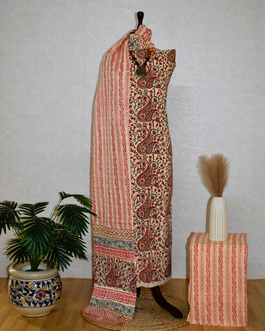 Red Paisley Jaal Hand Block Printed Cotton Suit with Malmal Dupatta