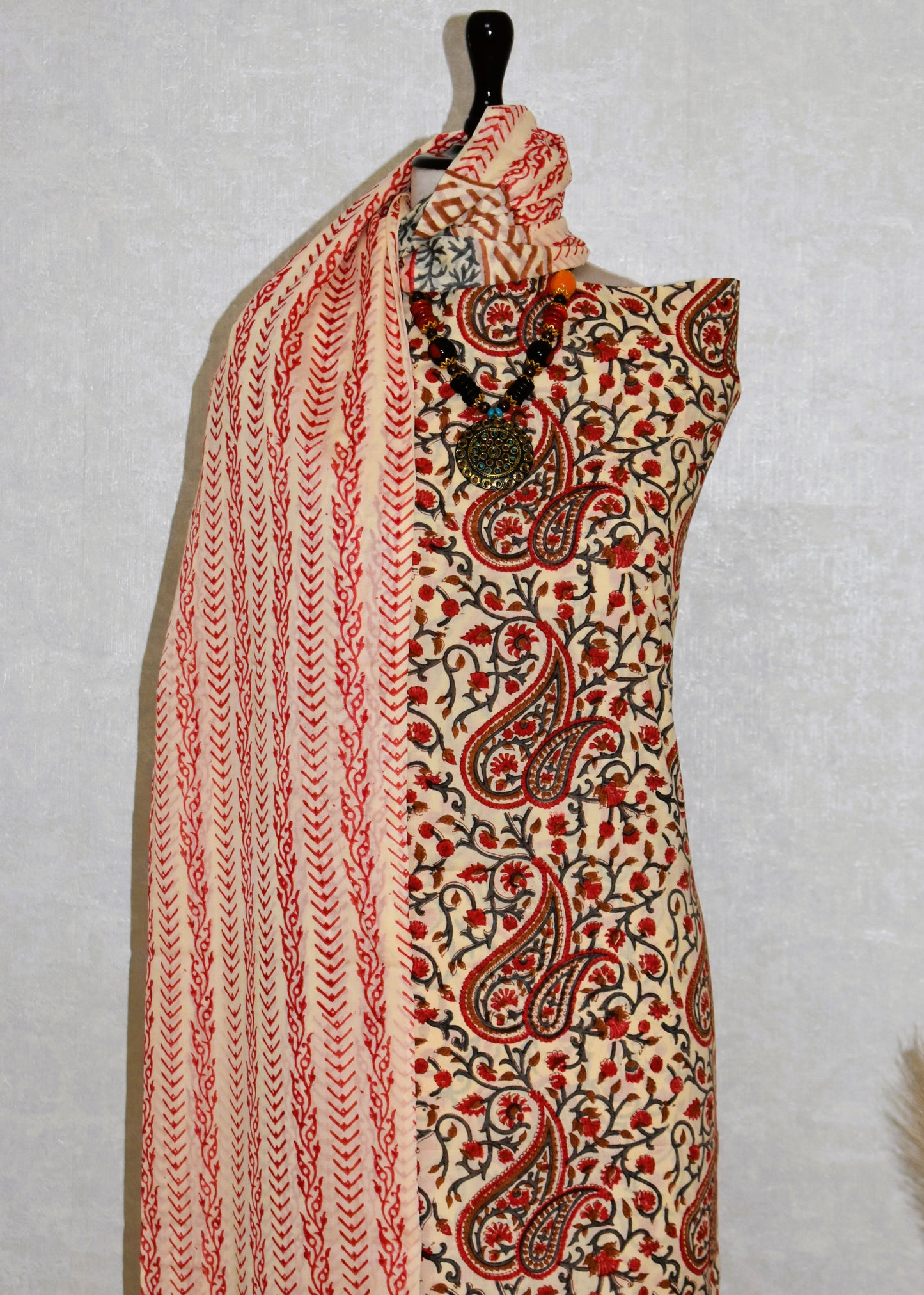 Red Paisley Jaal Hand Block Printed Cotton Suit with Malmal Dupatta