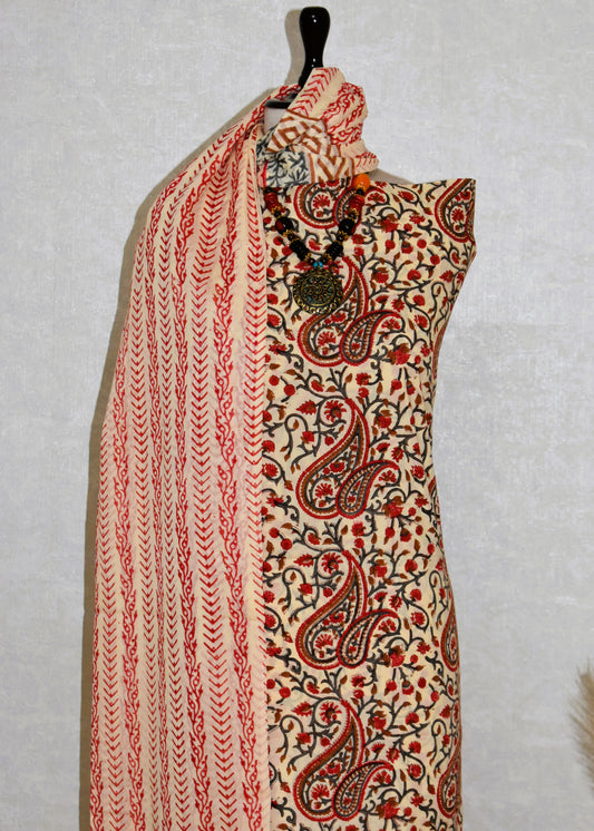 Red Paisley Jaal Hand Block Printed Cotton Suit with Malmal Dupatta