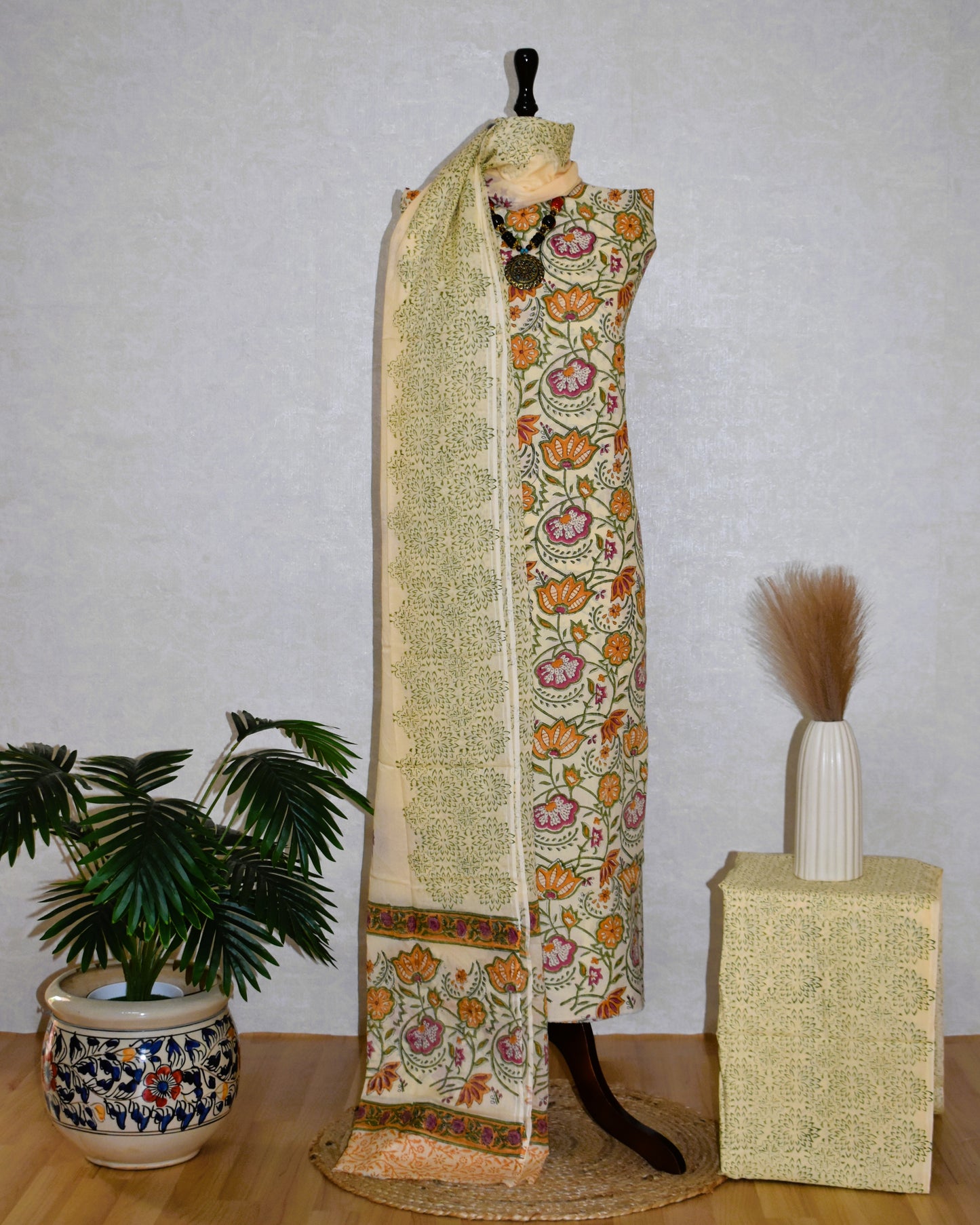 All-over Jaal Hand Block Printed Cotton Suit with Malmal Dupatta