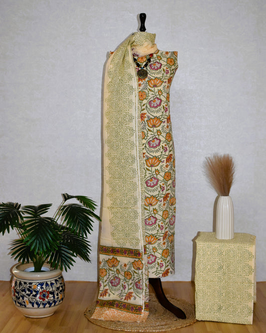 All-over Jaal Hand Block Printed Cotton Suit with Malmal Dupatta