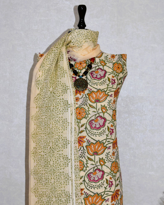 All-over Jaal Hand Block Printed Cotton Suit with Malmal Dupatta