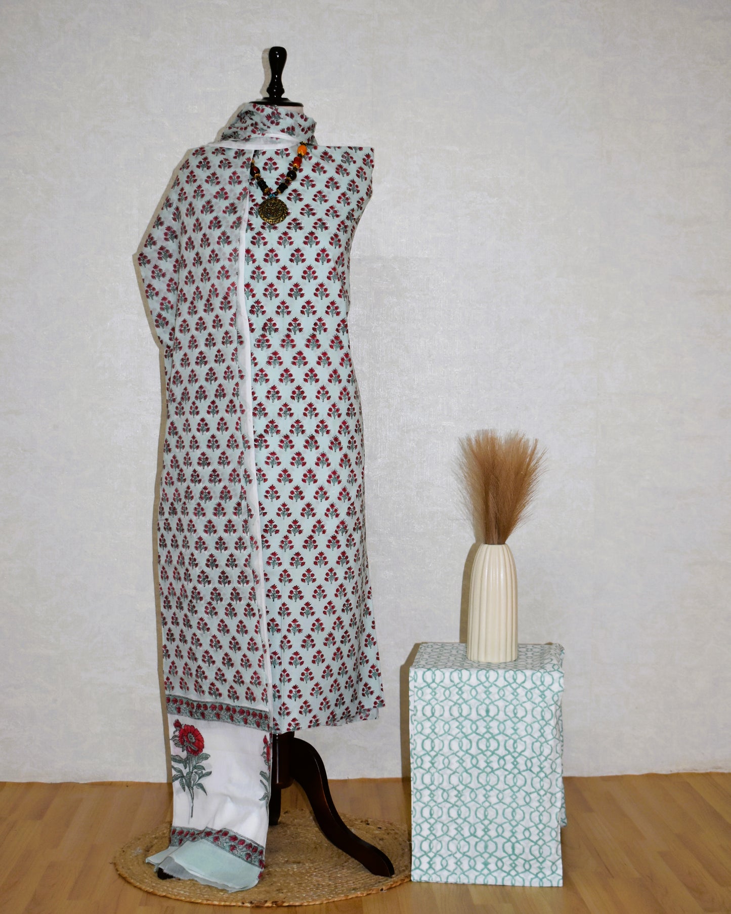 All-over Red Floral Small Buti Hand Block Printed Cotton Suit with Malmal Dupatta