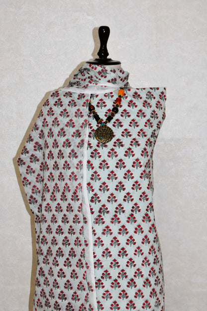 All-over Red Floral Small Buti Hand Block Printed Cotton Suit with Malmal Dupatta