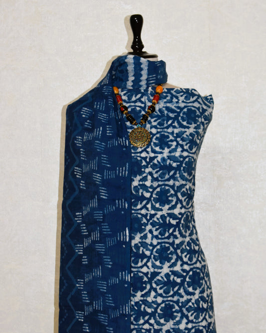 (Indigo) Block Printed Cotton Suit With All-over Buti Malmal Dupatta