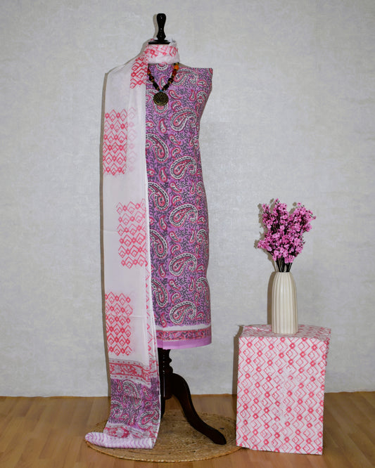 Pink  All-over Paisley Design Hand Block Printed Cotton Suit with Malmal Dupatta