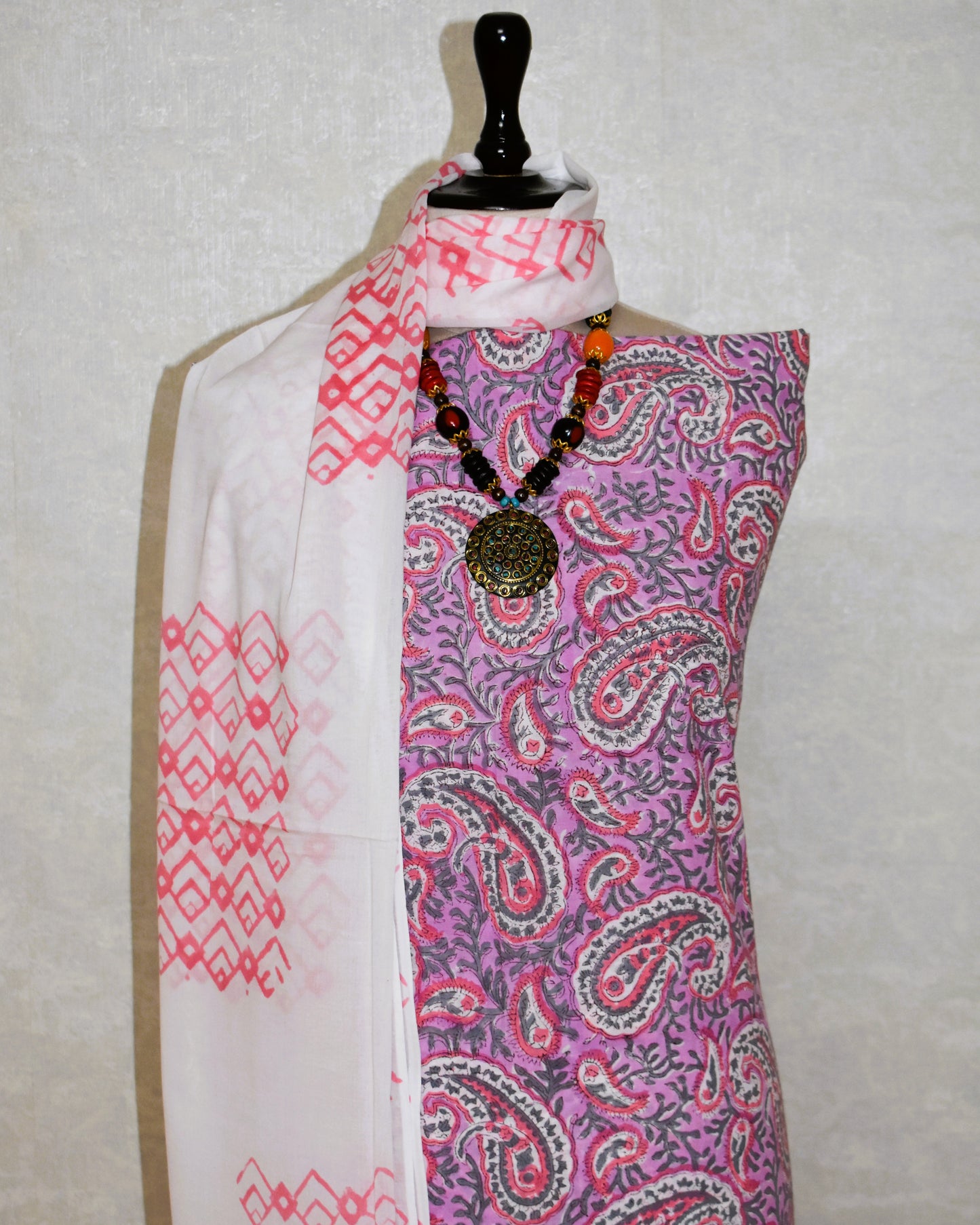 Pink  All-over Paisley Design Hand Block Printed Cotton Suit with Malmal Dupatta