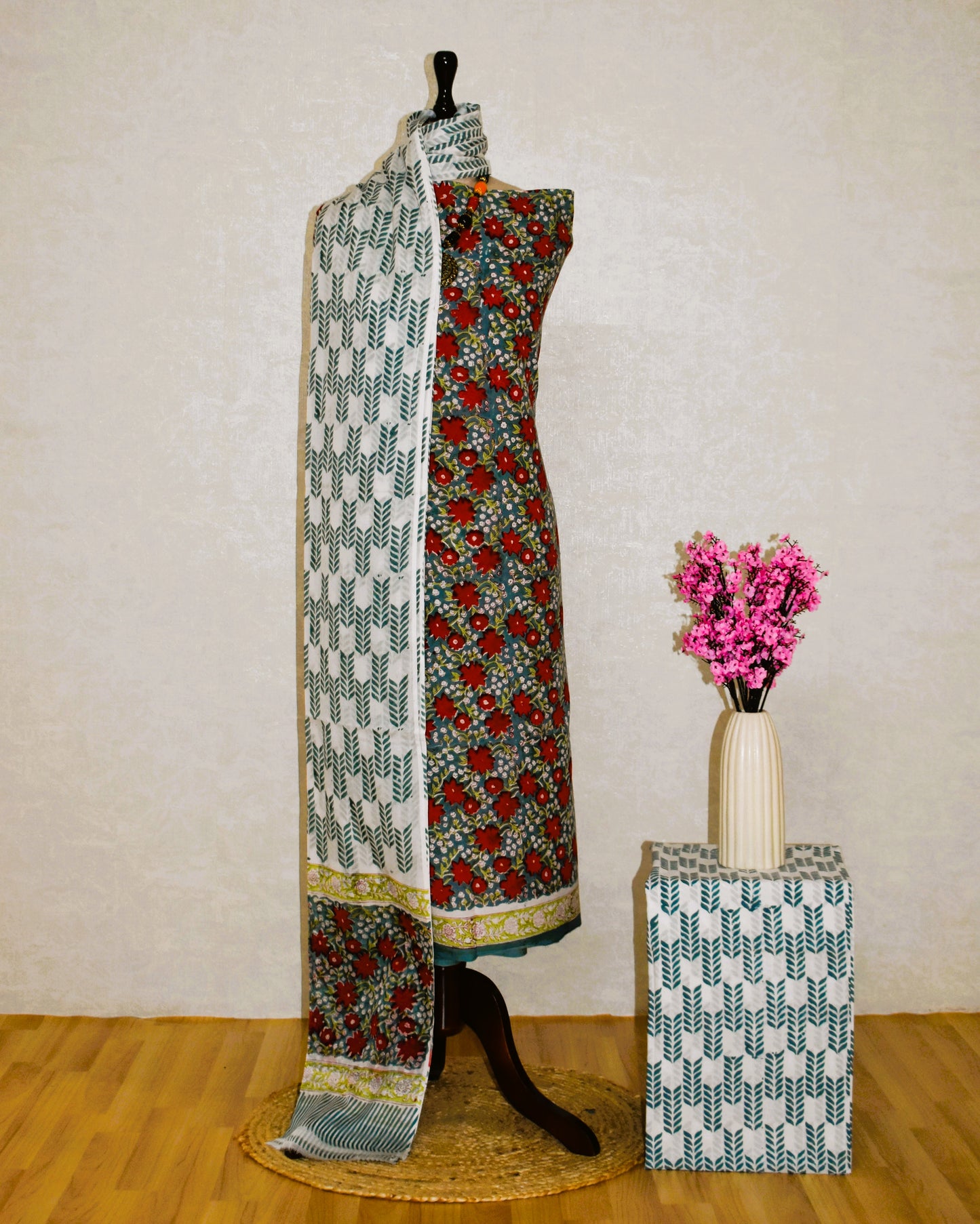 All-over Red Floral Jaal Hand Block Printed Cotton Suit with Malmal Dupatta