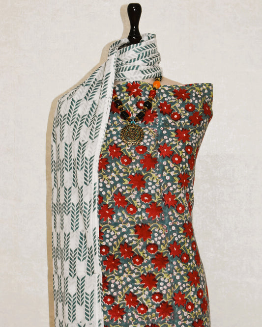 All-over Red Floral Jaal Hand Block Printed Cotton Suit with Malmal Dupatta