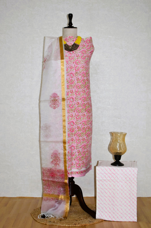 Hand Block Printed Cotton Suit with Organza Dupatta