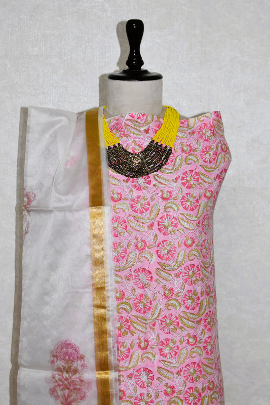 Hand Block Printed Cotton Suit with Organza Dupatta