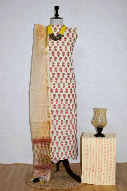 Hand Block Printed Cotton Suit with Organza Dupatta