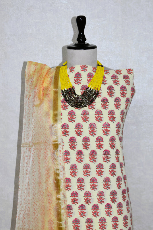 Hand Block Printed Cotton Suit with Organza Dupatta