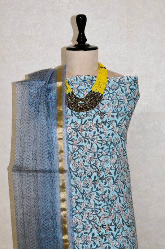 Hand Block Printed Cotton Suit with Organza Dupatta
