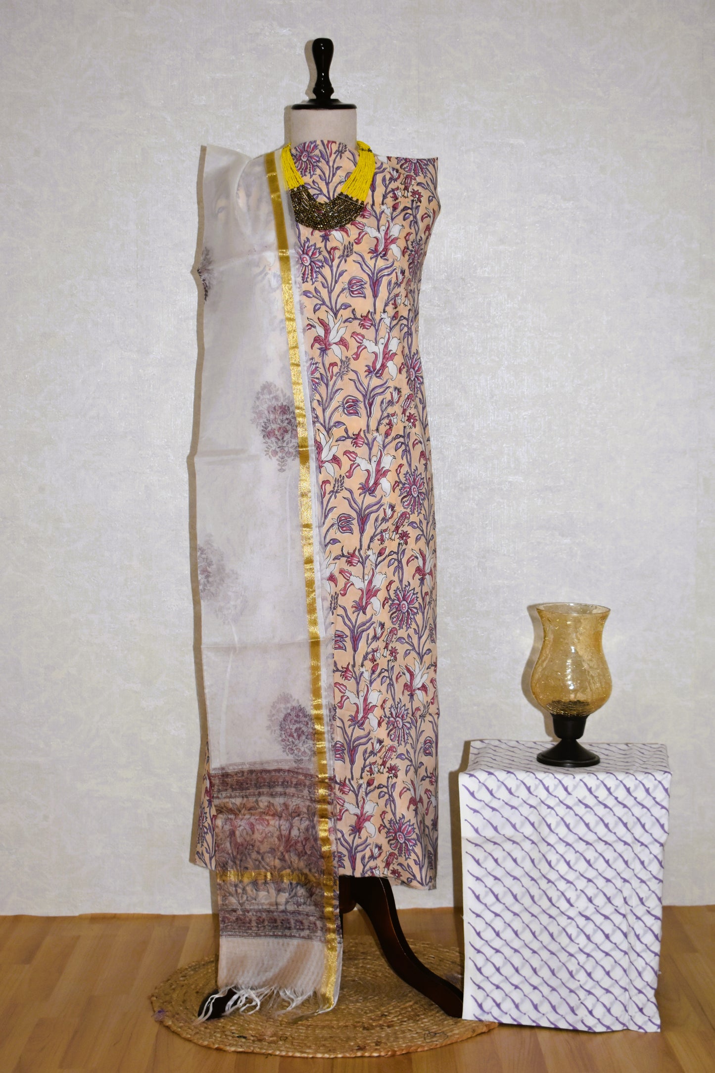 Hand Block Printed Cotton Suit with Organza Dupatta