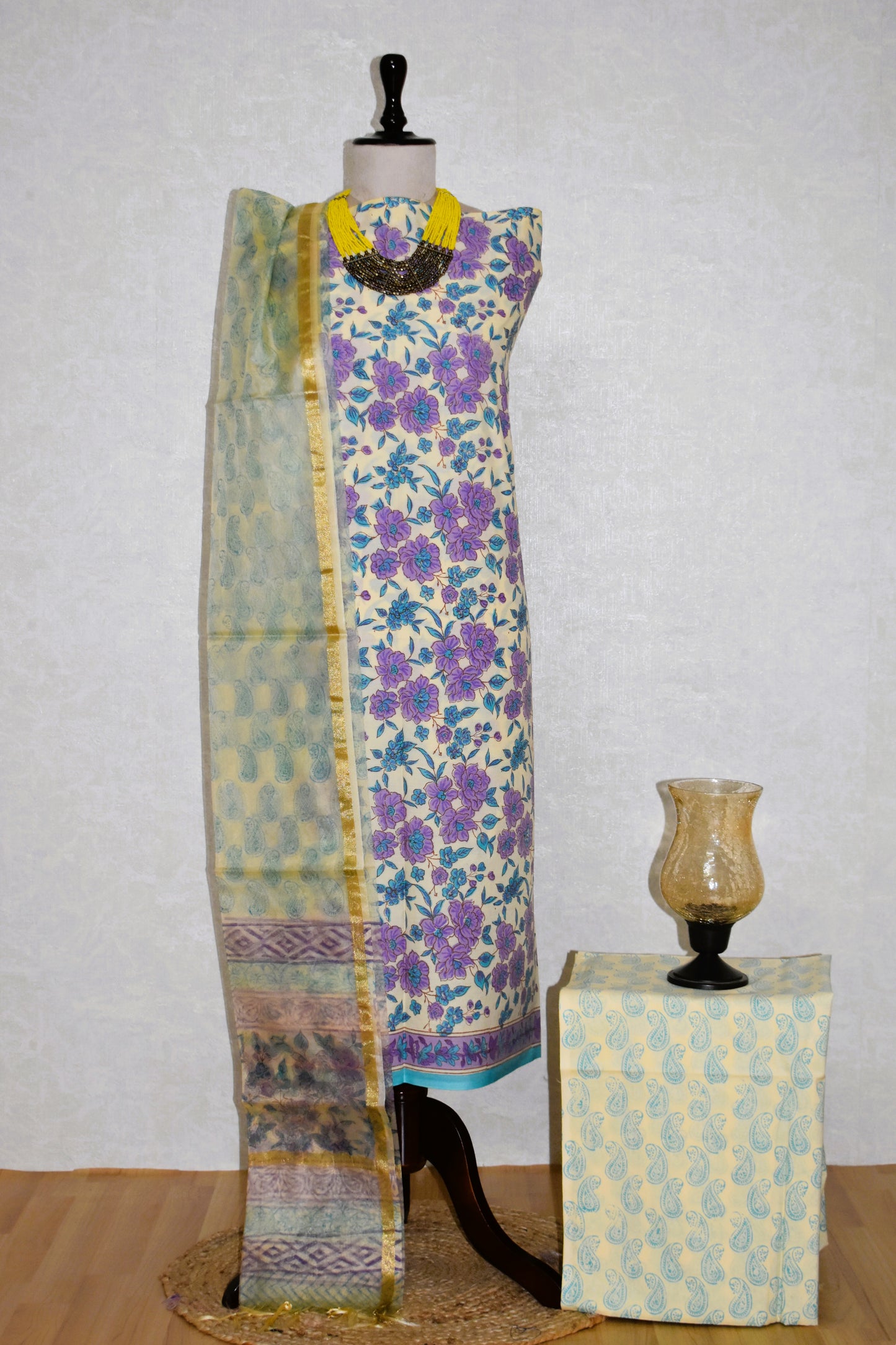 Hand Block Printed Cotton Suit with Organza Dupatta
