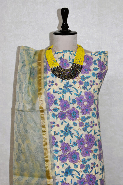Hand Block Printed Cotton Suit with Organza Dupatta