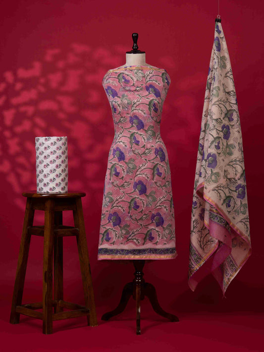 Dusty Pink Timeless Chanderi Silk Suit with Floral Sanganeri Print
