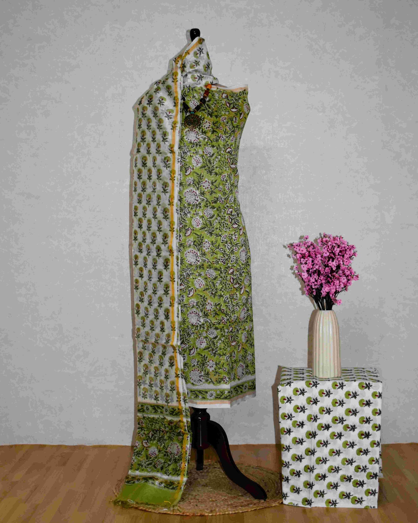 Timeless Green Chanderi Silk Suit with All-over floral Jaal Sanganeri Print