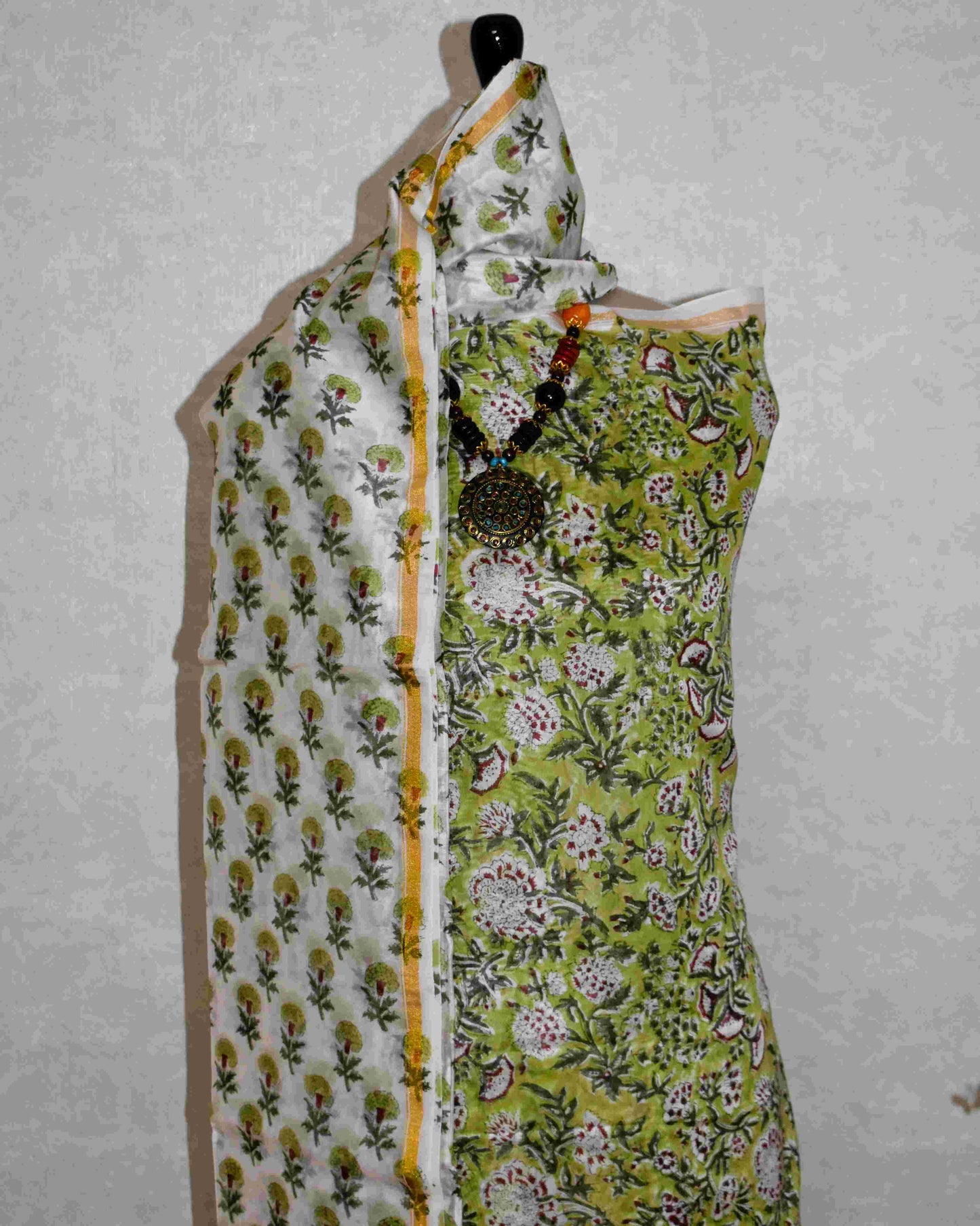 Timeless Green Chanderi Silk Suit with All-over floral Jaal Sanganeri Print