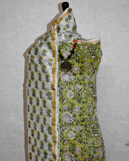 Timeless Green Chanderi Silk Suit with All-over floral Jaal Sanganeri Print