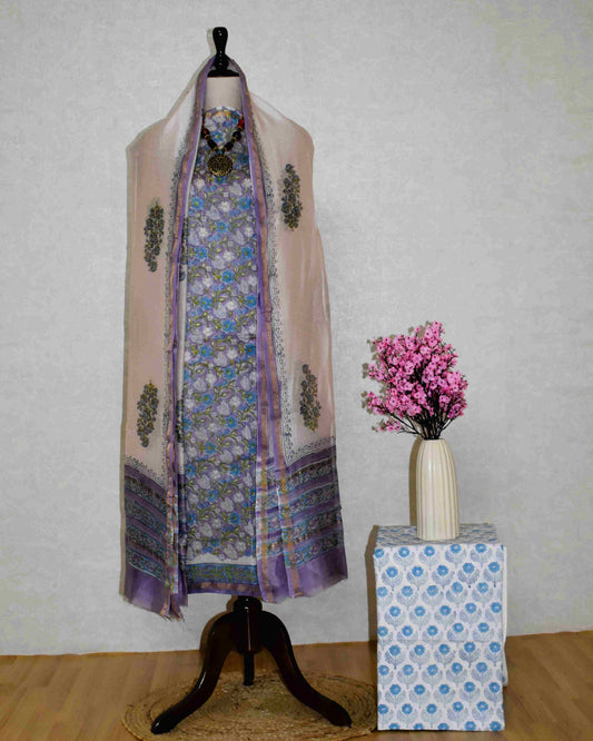 Timeless Chanderi Silk Suit with Purple-Blue All-over Jaal Sanganeri Print